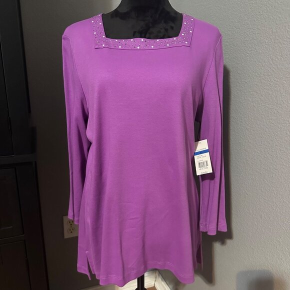 Kim Rogers Womens Blouse XL Purple Square Neck Studded 3/4 Sleeve Cotton NWT - Picture 1 of 9